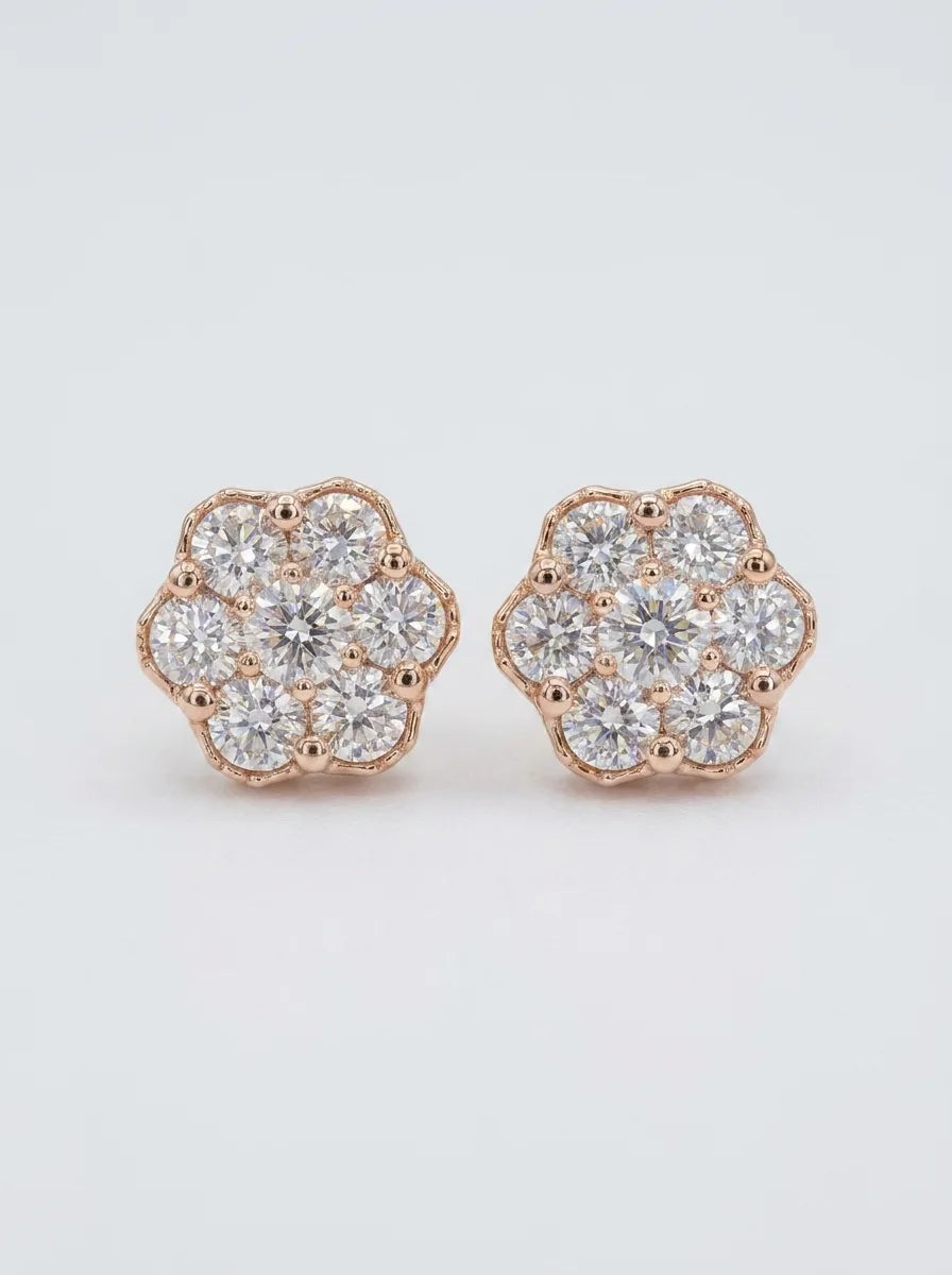 Luxury Rose Gold Lab Diamond Flower Cluster Stud Earrings - 15.83 CTW — Genuine 10K rose gold