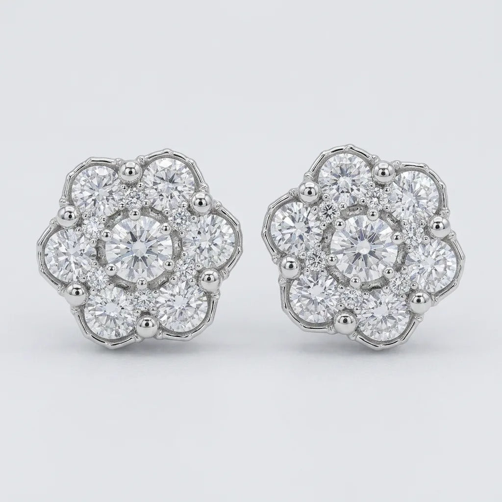Luxury White Gold Lab Diamond Flower Cluster Stud Earrings - 2.87 CTW — Genuine 10K white gold