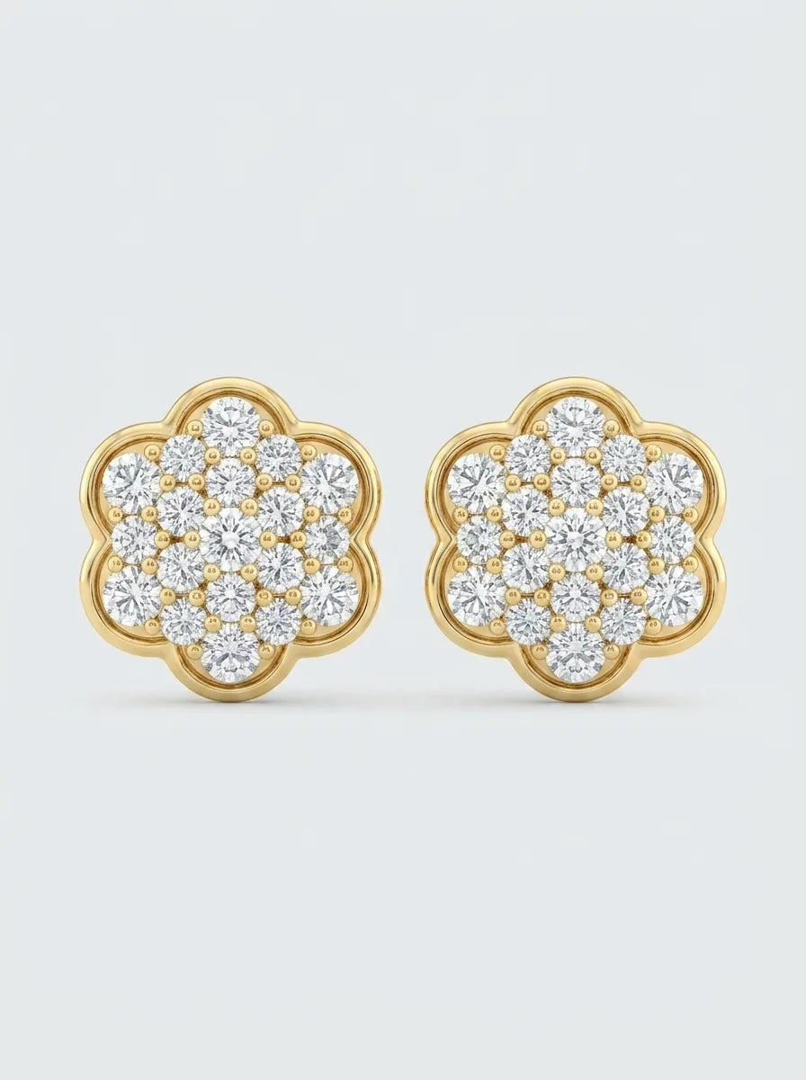 Luxury Yellow Gold Lab Diamond Flower Cluster Stud Earrings - 3.98 CTW — Genuine 10K yellow gold