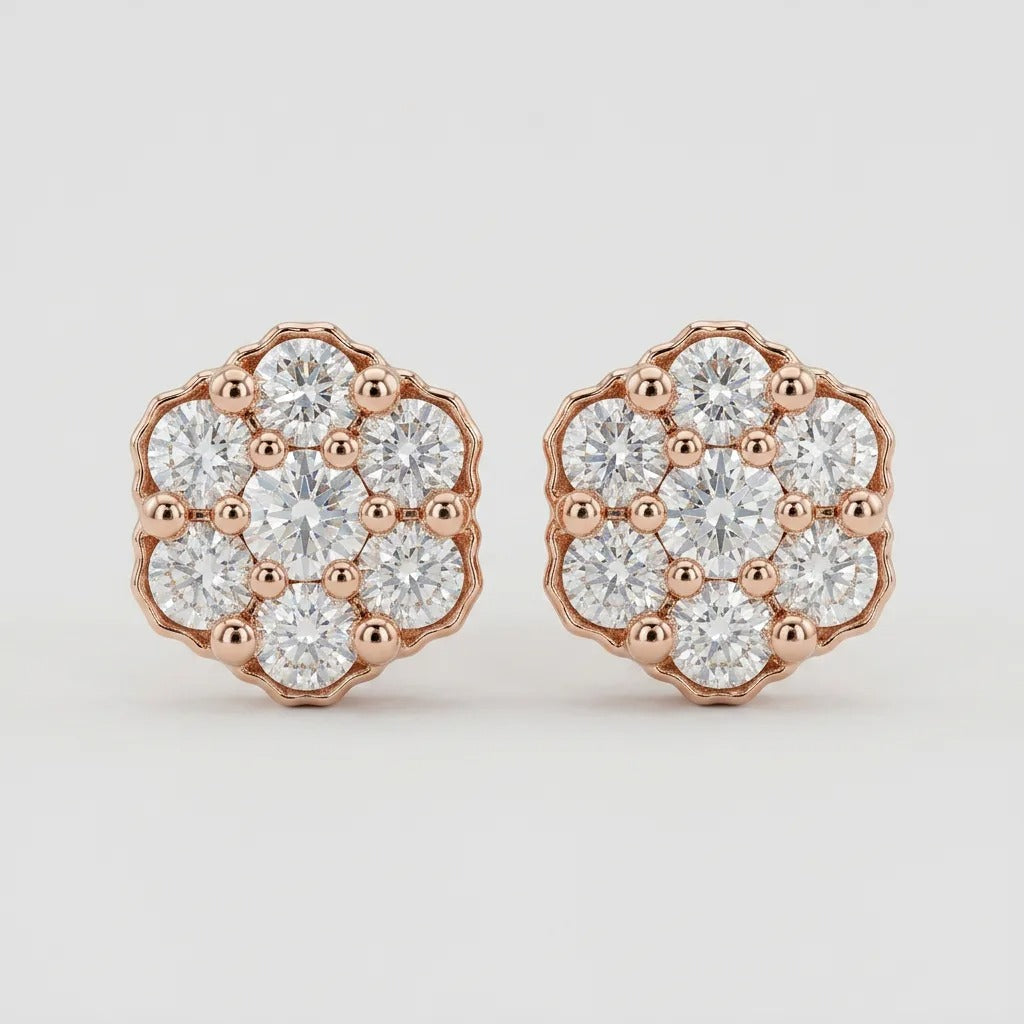 Luxury Rose Gold Lab Diamond Hexagon Cluster Stud Earrings - 1.03 CTW — Genuine 10K rose gold