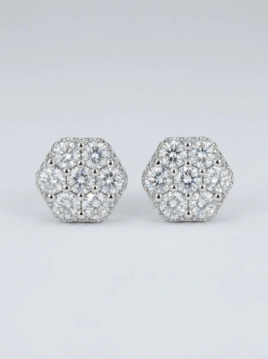 Luxury White Gold Lab Diamond Hexagon Cluster Stud Earrings - 1.09 CTW — Genuine 10K white gold