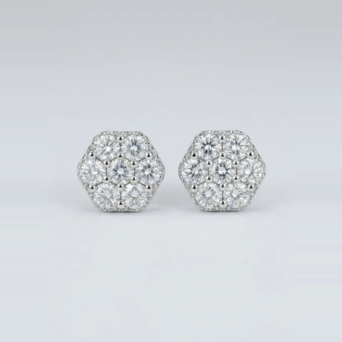 Luxury White Gold Lab Diamond Hexagon Cluster Stud Earrings - 1.09 CTW