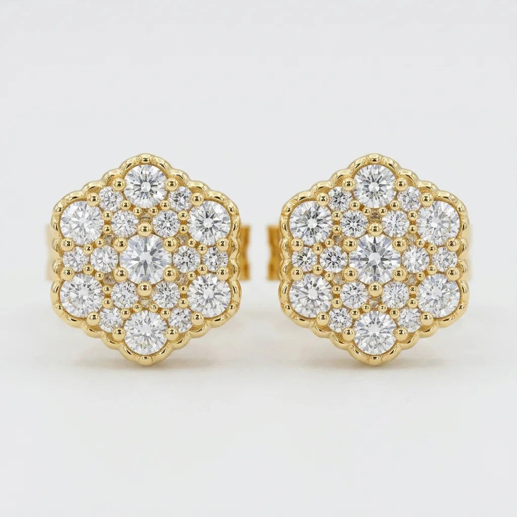Luxury Yellow Gold Lab Diamond Hexagon Cluster Stud Earrings - 1.01 CTW — Genuine 10K yellow gold