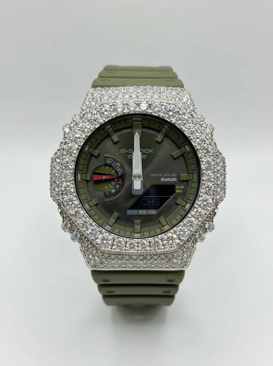 Silver Moissanite Bluetooth G-SHOCK Watch | Olive Band — 925 sterling silver · rhodium plated