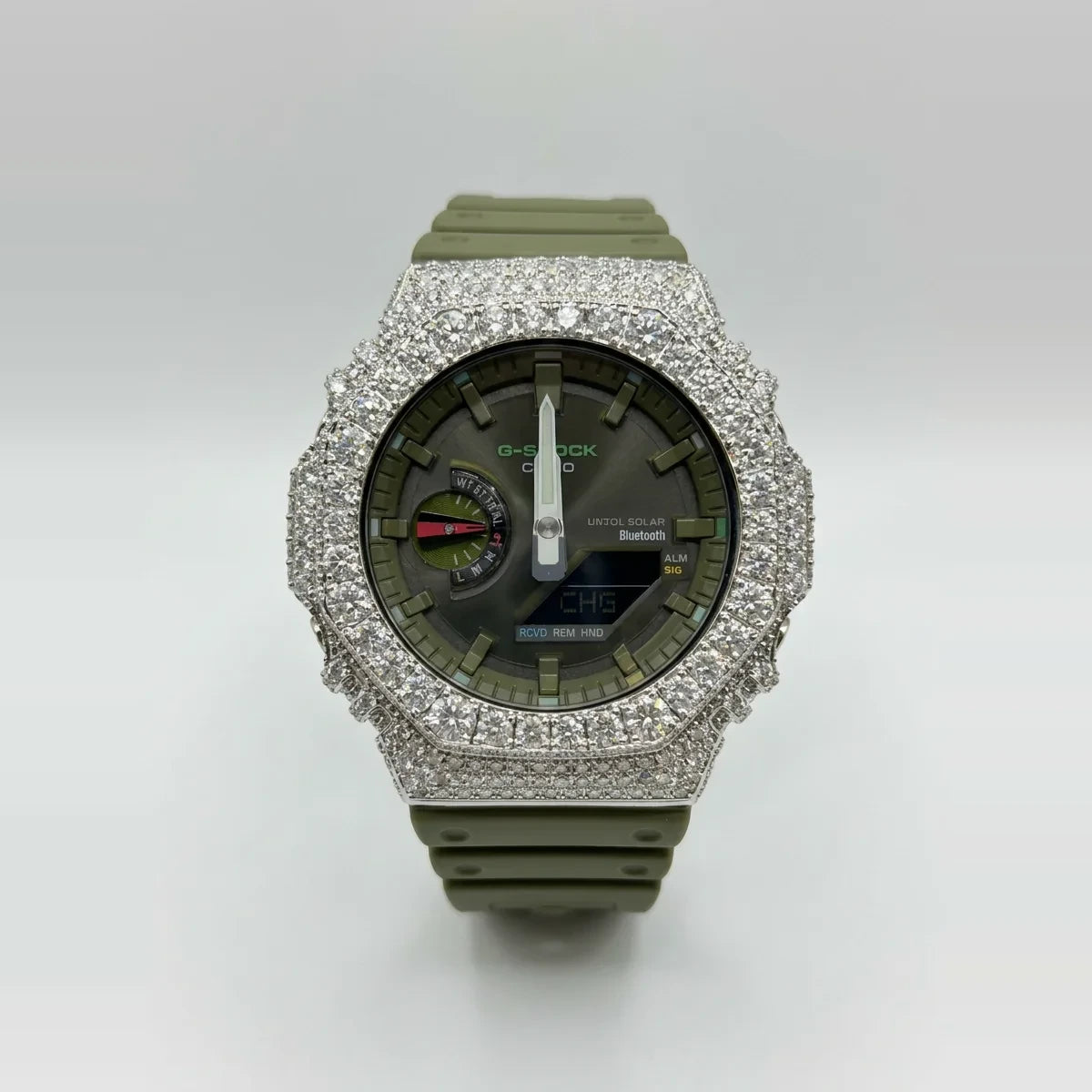 Silver Moissanite Bluetooth G-SHOCK Watch | Olive Band