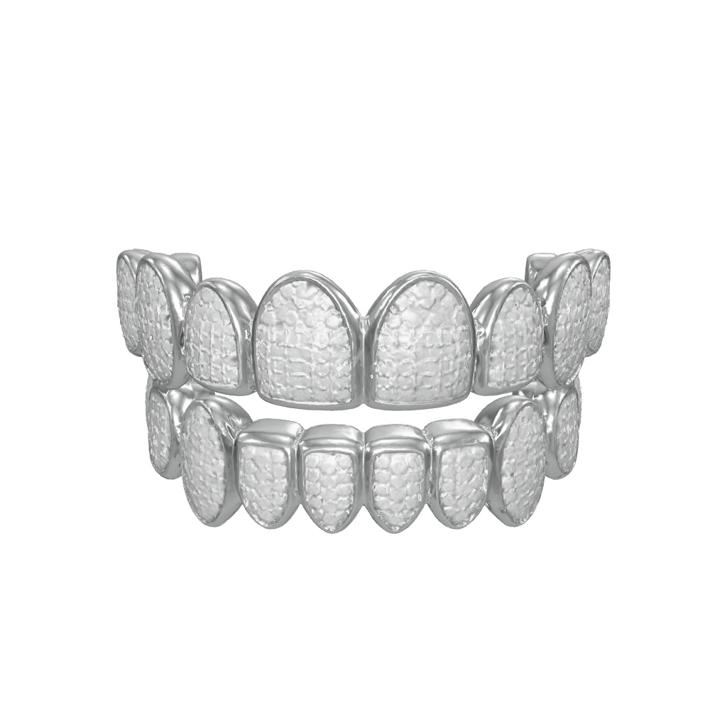 A full custom iced-out 925 silver grill, turned to face the viewer